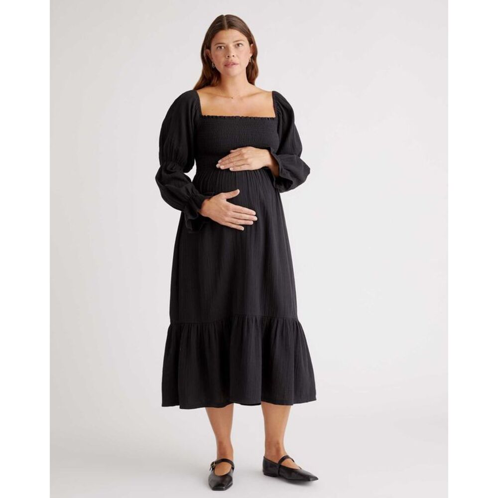 Quince Women's Organic Cotton Gauze Maternity Smocked Ruffle Hem Midi Black S